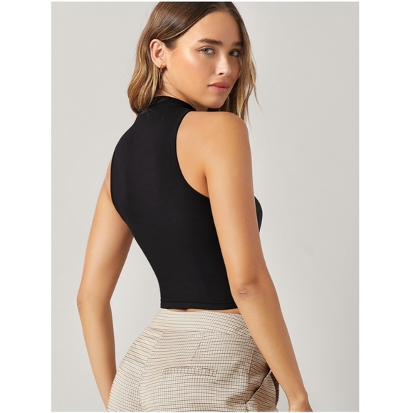 High Neck Black Crop Tank Top Rib Knit - Picture 2 of 9